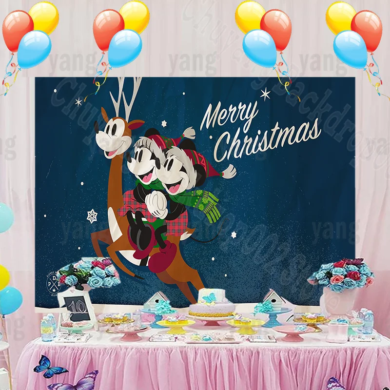 Customs Banner Lovely Cartoon Riding Reindeer Santa Mickey Minnie Happy Christmas Party Night Backdrop Photography Background enlarge