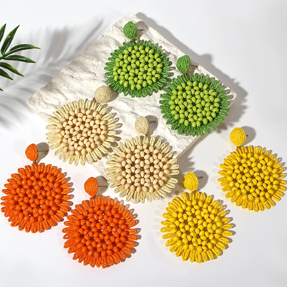 Женские плетеные серьги AENSOA в богемном стиле из рафии с бусинами и цветами