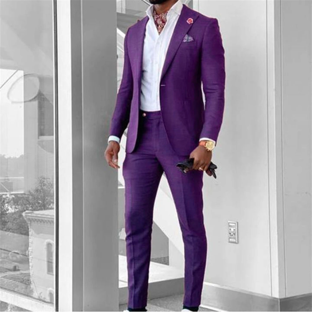 Peak Groom Wedding Suits Black Purple Blazer Jacket Pants 2 Pieces Business Formal Classic Costume