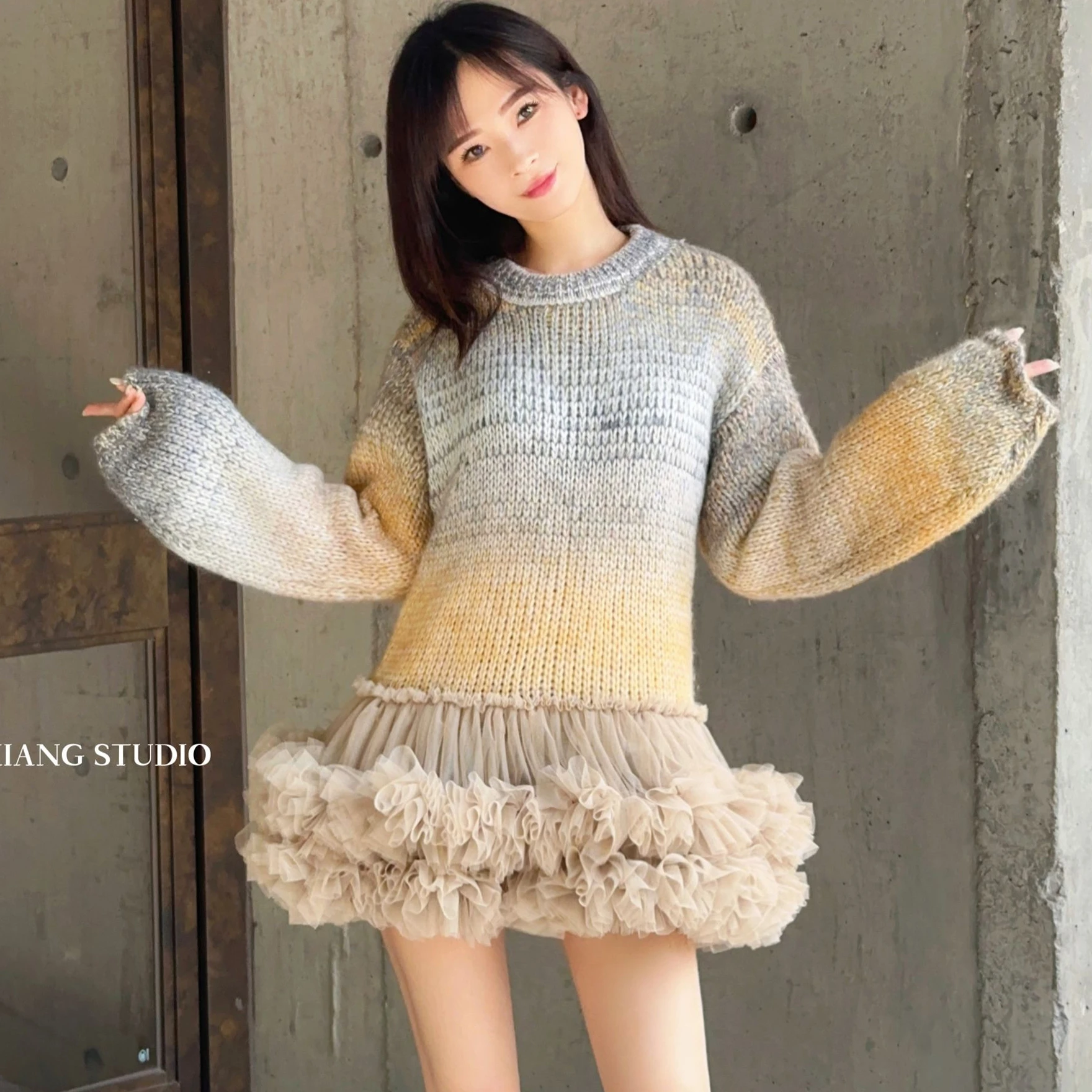 Женское сетчатое платье-свитер с оборками марлевая лоскутная плиссированная