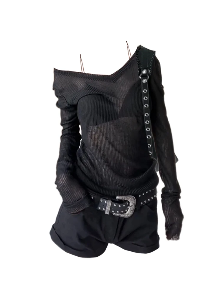 

Korean Fashion Sexy See Through Sleeves T-Shirts Slime Women Chic Tees Gyaru Slash Neck Crochet Top Y2K Hot Aesthetic Streetwear