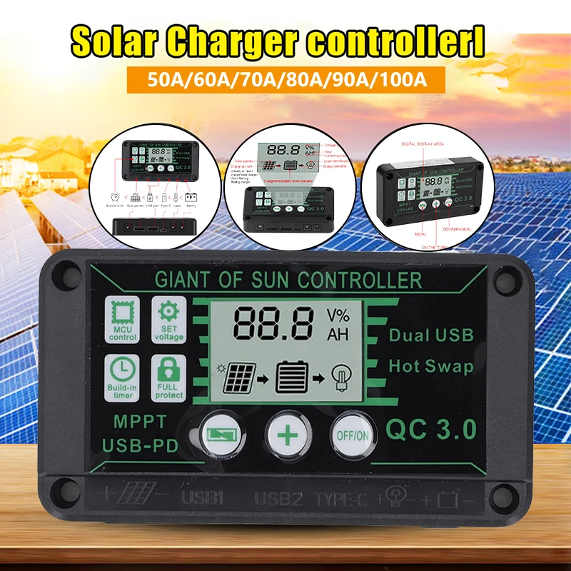 

100A Solar Charge Controller Solar Panel Controller 12V/24V Adjustable LCD Display Solar Panel Battery Regulator With USB Port