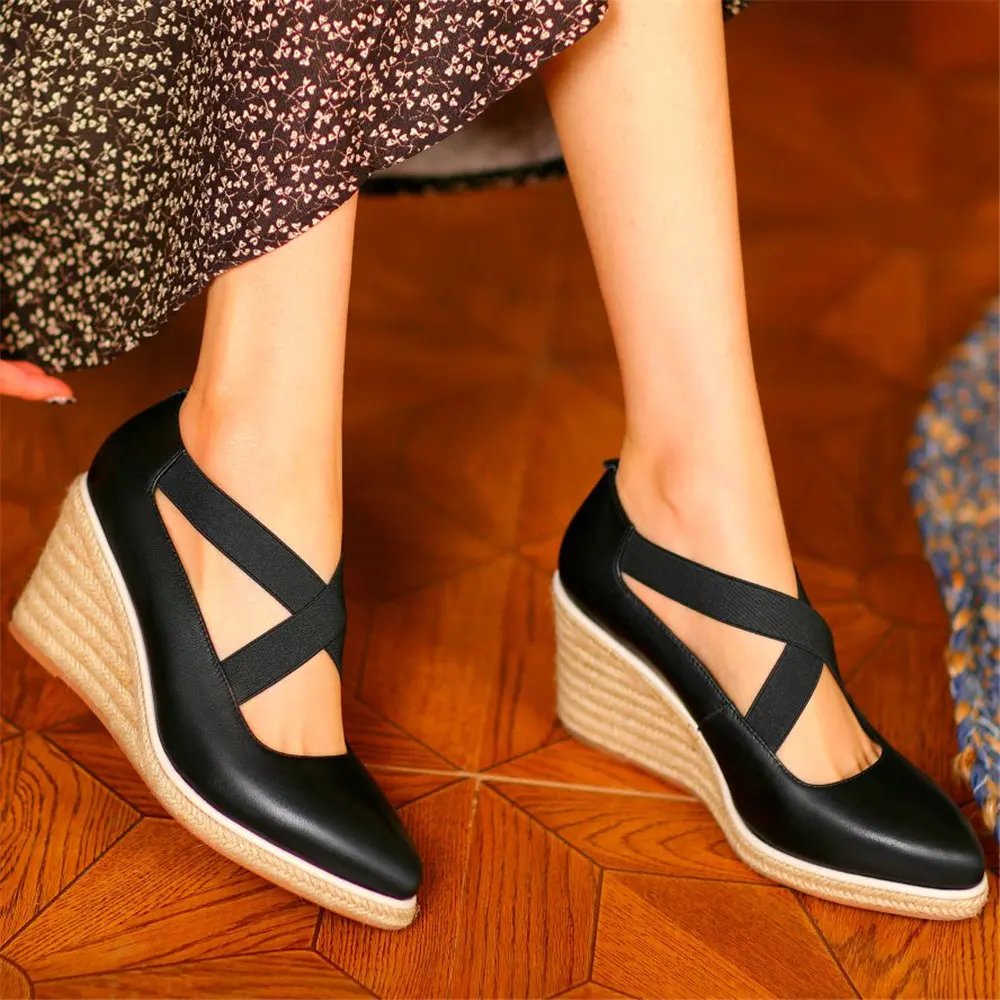 Mary Janes Loafers Women's Cow Leather Platform Wedge High Heels Pointed Toe Sandals Oxfords Casual Shoes