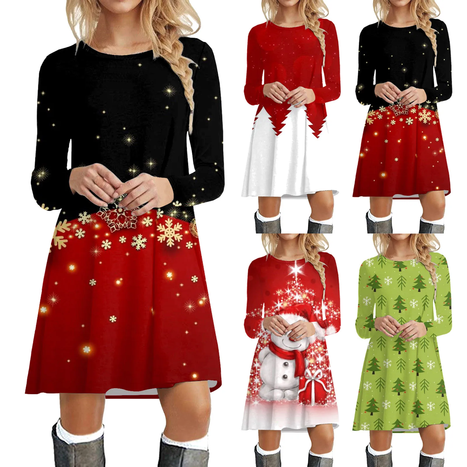 

2023 Elegant Dress Womens Long Sleeved Tee Shirt Dress Casual Swing Christmas Print Dress vestido navidad mujer