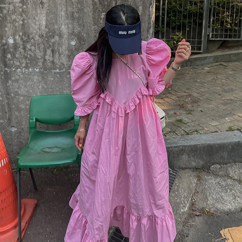 

Clothland Women Sweet Ruffled Midi Dress Short Sleeve Green Pink One Piece Casual Summer Cute Dresses Vestido QC675