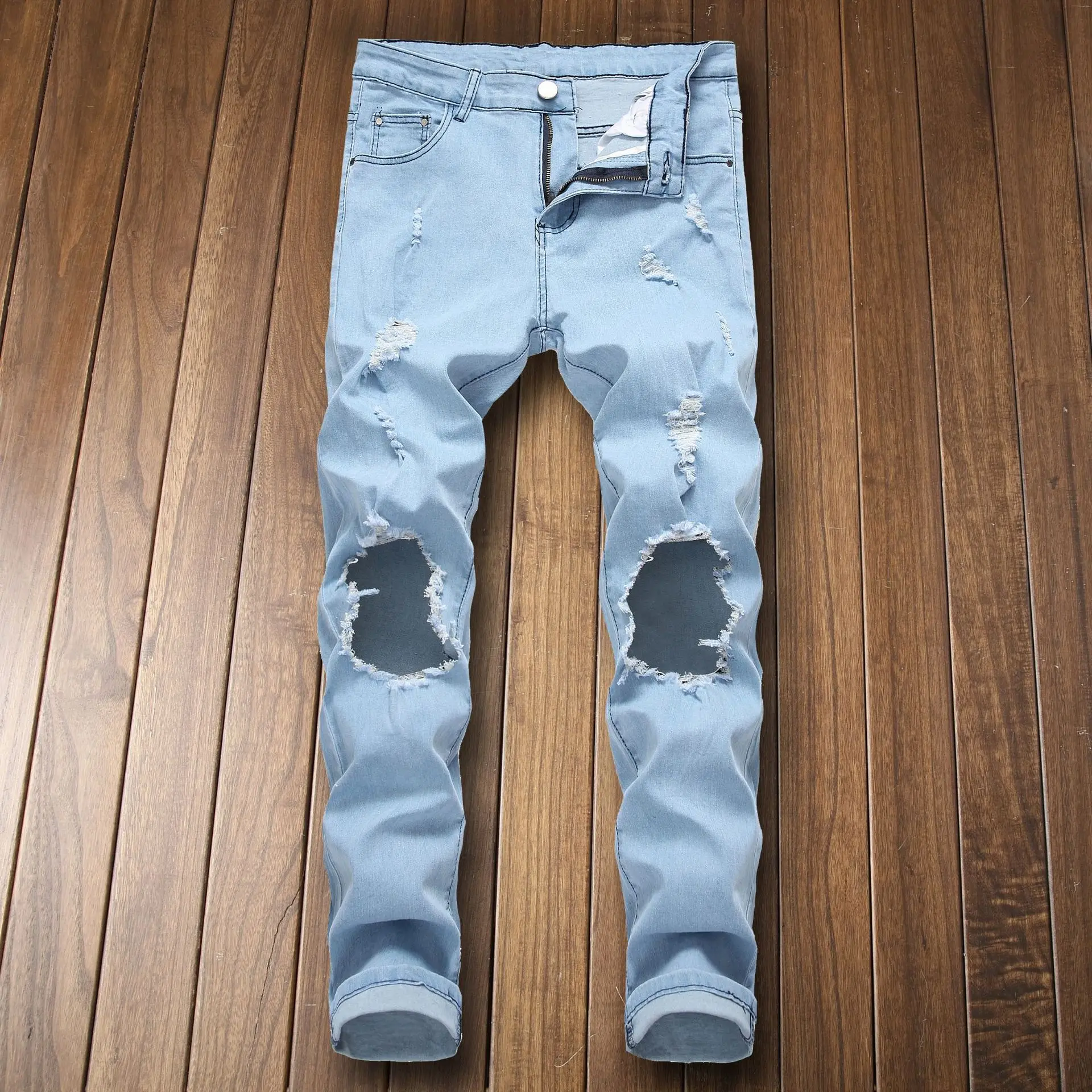 

Men Print Spliced Jeans Streetwear Patchwork Slim Tapered Strerch Denim Pants Holes Ripped Distressed Trousers