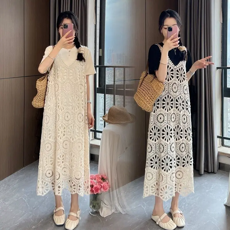 Трикотажная трапециевидная длинная юбка с вырезами в стиле ретро элегантным