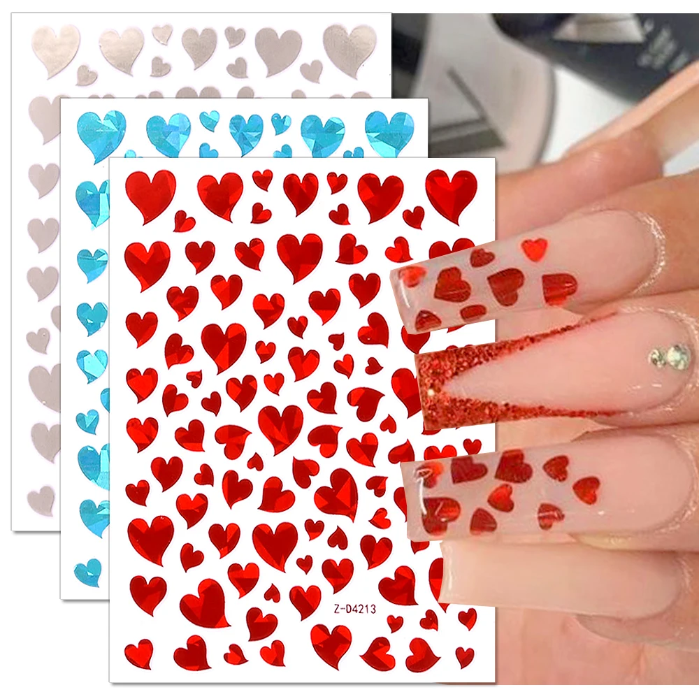 

3D Laser Heart Love Nail Stickers Self-Adhesive Colorful Holographic Heart Nail Decals Nail Art Decorations Manicure Accessories