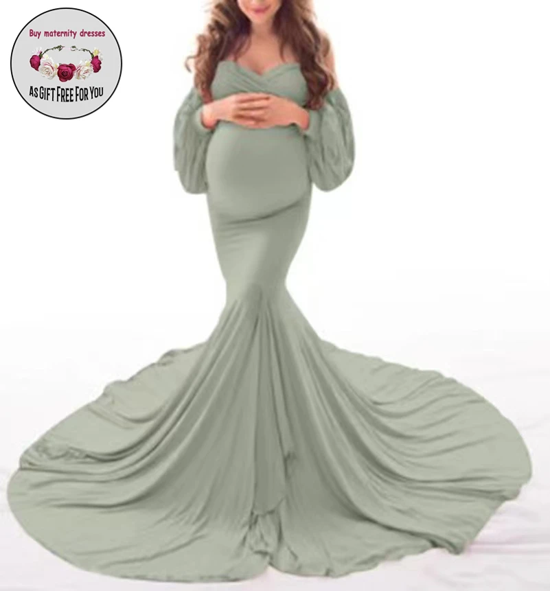 

Women Fashion Strapless Pregant Dress for Photography Props Off Shoulder Puff Sleeve Lace Fishtail Maternity Dress for Photo Sho