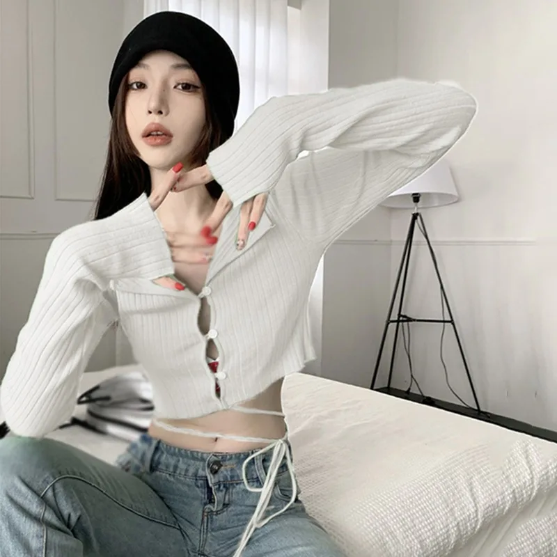 Y2K повседневная трикотажная футболка на шнуровке с V-образным вырезом новинка