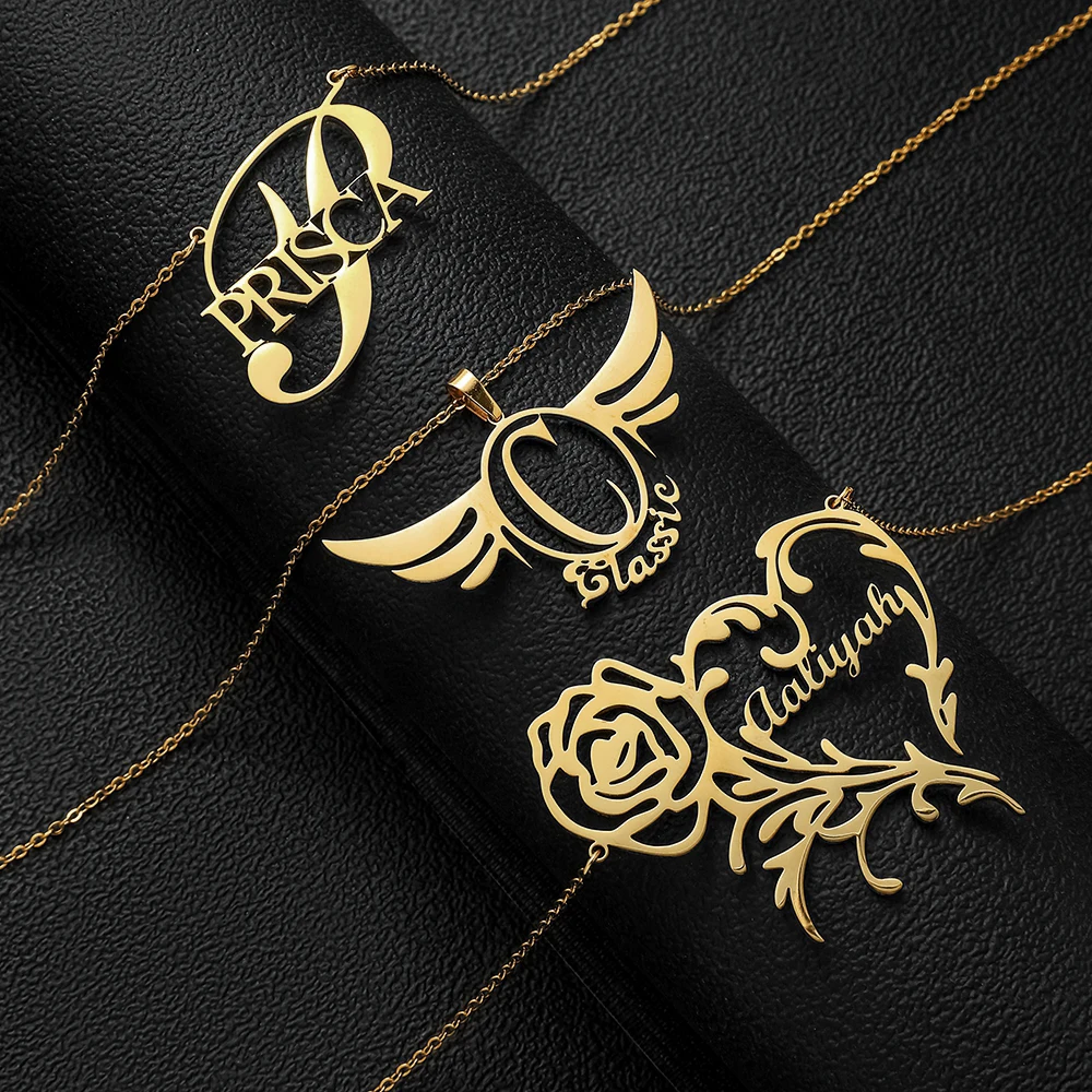 Personalized Stainless Steel Rose Wings Custom Name Necklaces For Women Gold Silver Chain Lover Necklace Jewelry Dropshipping