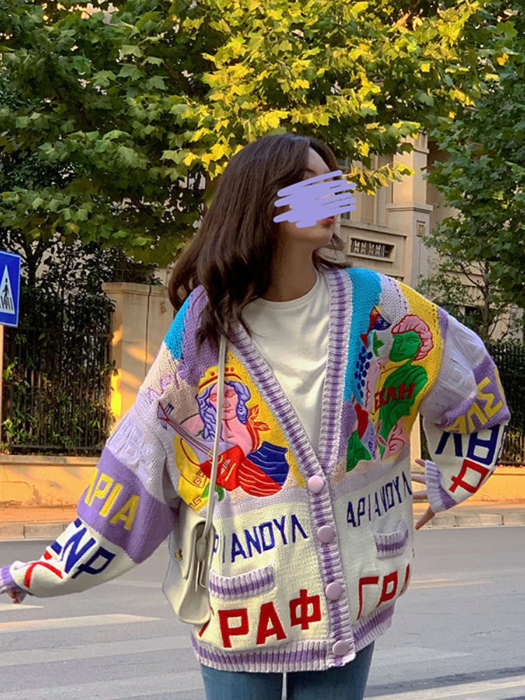 

Japanese Vintage Cardigan Patchwork Letter Embroidery Pockets Sweaters Women Autumn Winter Casual Loose Fashion Knitted Tops