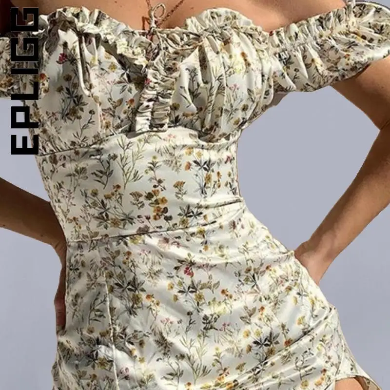 

Epligg Fashion Women Dress Floral Off Shoulder Puff Sleeve Maxi Dress Vintage Sexy Dress Elegant Lazy Woman Clothes Female