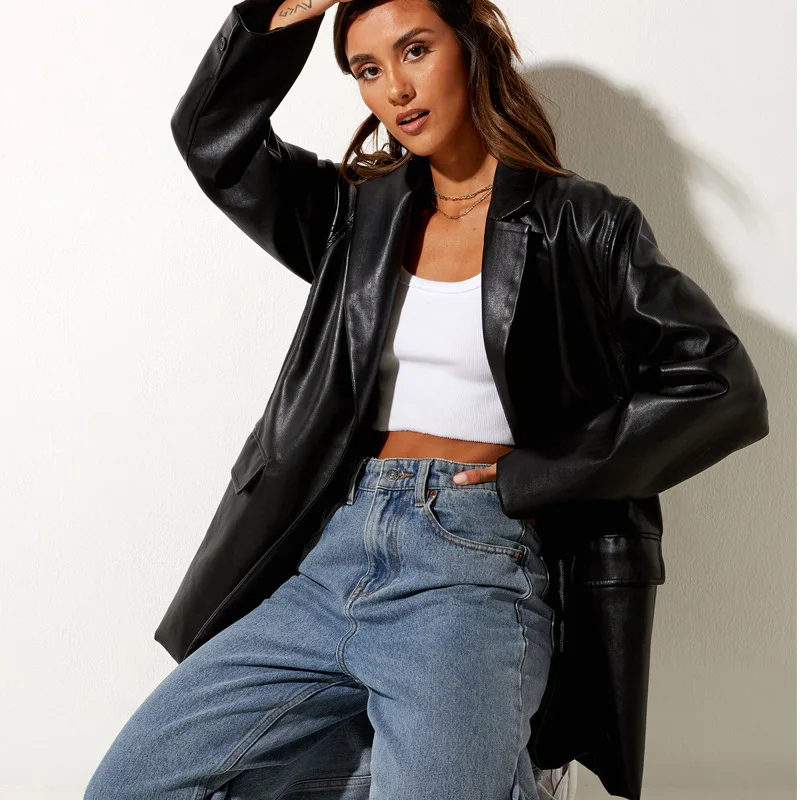 Office Lady Formal Women's  Leather Jacket Autumn  Winter European  American Leather Jacket Casual Warm Suit Jacket Female