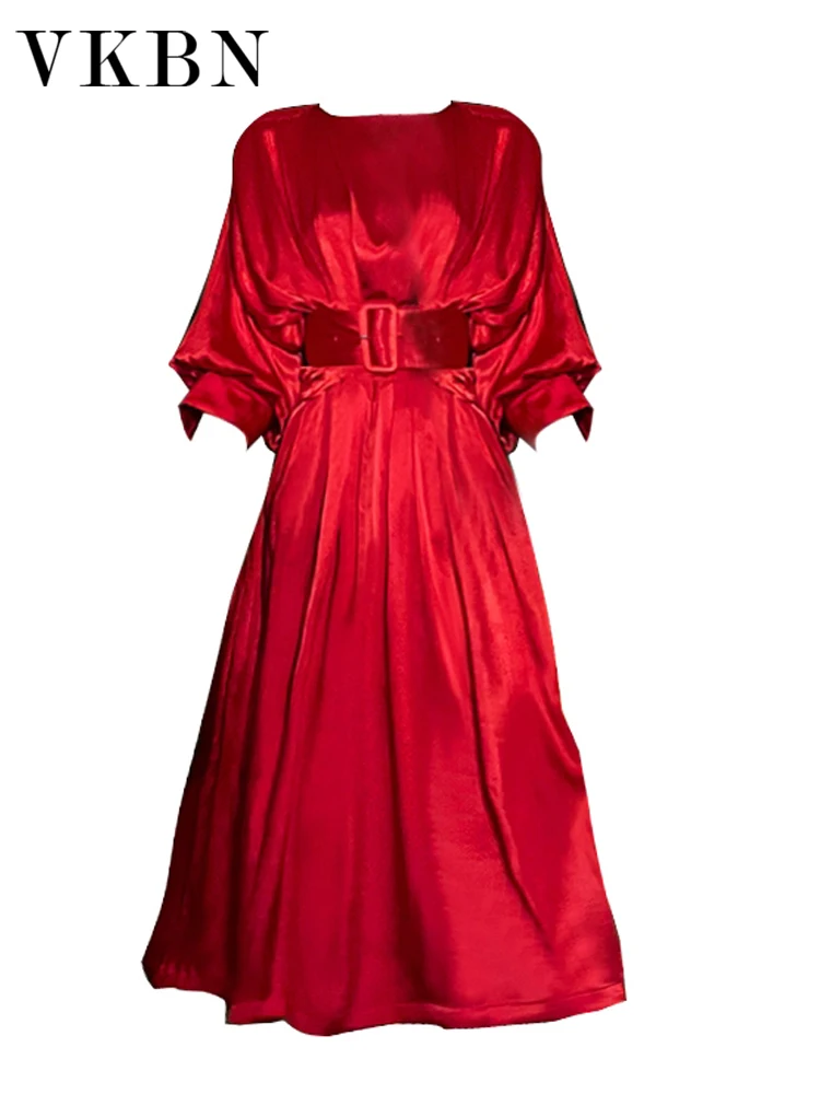 

VKBN Summer Dress Women 2022 Party Batwing Sleeve Slash Neck Red Pleated Fabric Dress Elegant Vestidos De Fiesta
