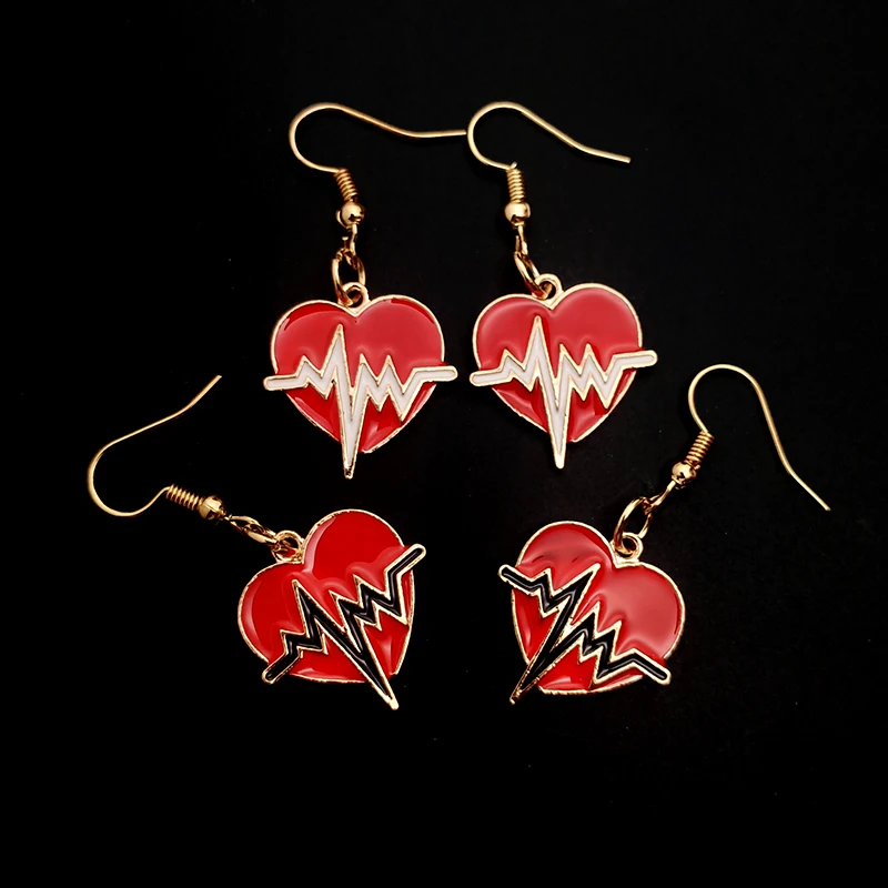 Красные висячие серьги с ЭКГ для подруг серьги-капли электрокардиограммой в