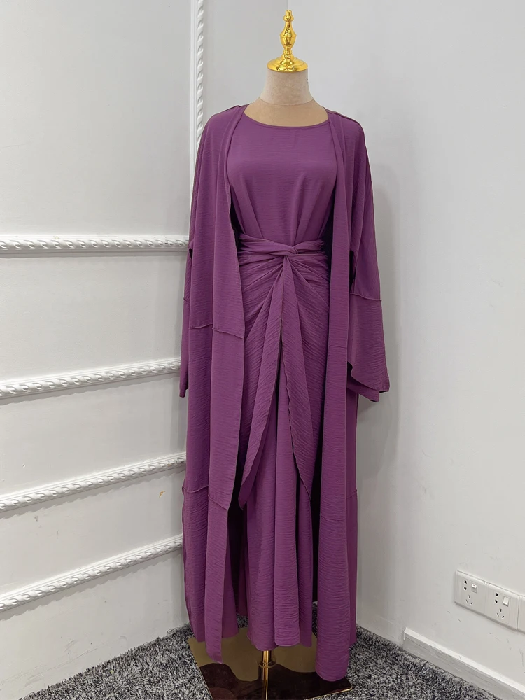 Abaya Dubai Turkey Muslim Hijab Dress Long Sleeve Open Abaya + Apron + Inner Dress Ensemble Femme Musulmane Islamic Clothing