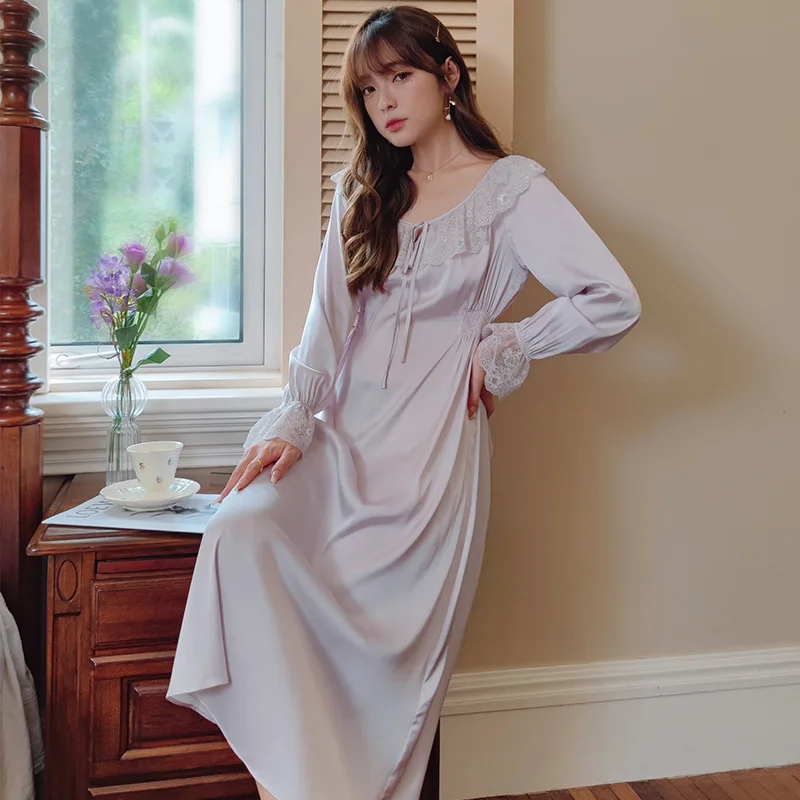 

New Spring Summer Female Nightdress French Palace Style Princess Nightdress Sleepwear Bathrobe Casual Sexy Lace Rayon Home Wear