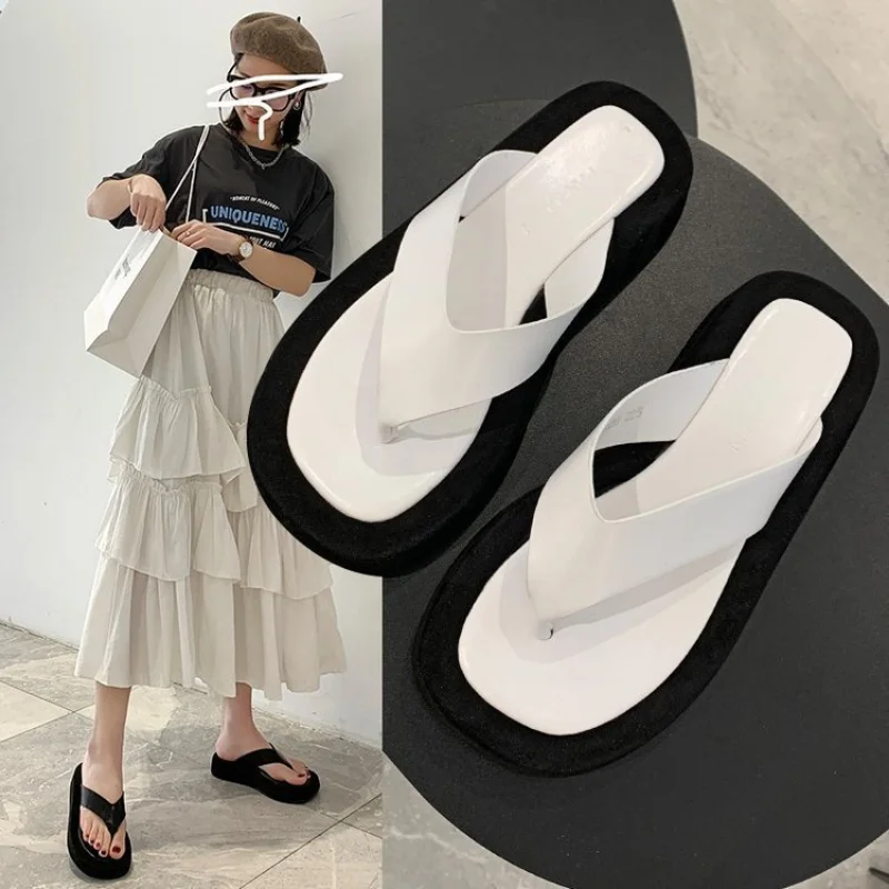Flip Flop Sandals Square Toe Slides Summer Platform Wedge clip toe Slippers Fashion 2023 Design Sandasl Women Shoes White