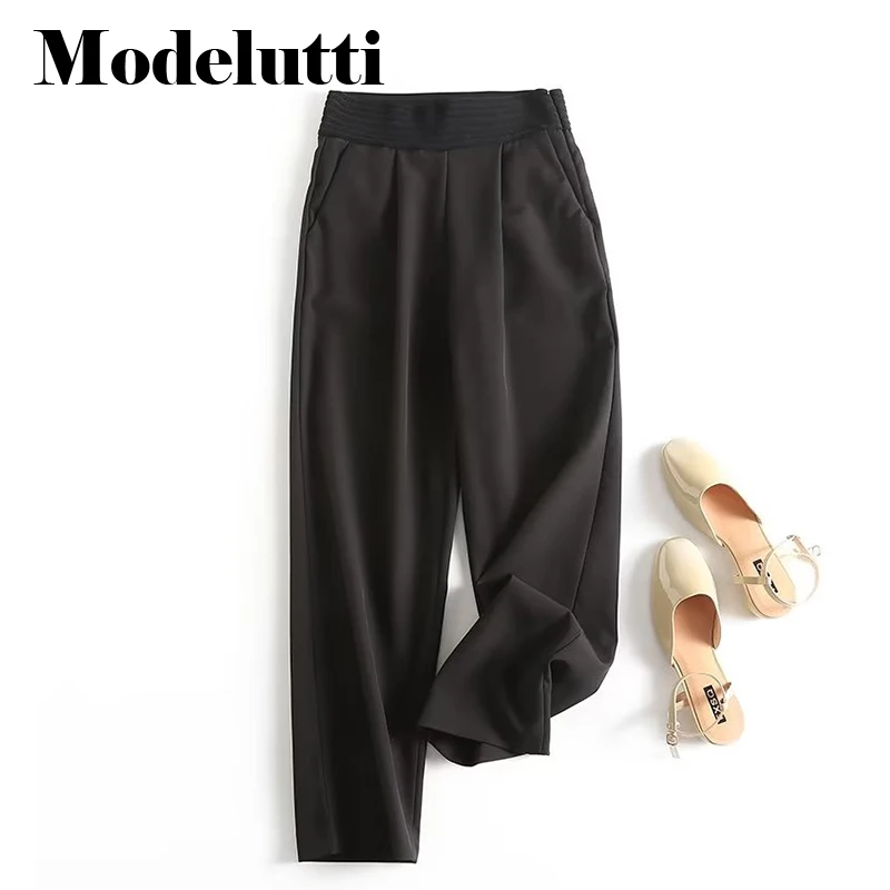 

Modelutti 2023 New Autumn Fashion Women Elastic High Waist Pocket Straight Pants Elegant Wild Solid Simple Casual Bottoms Female