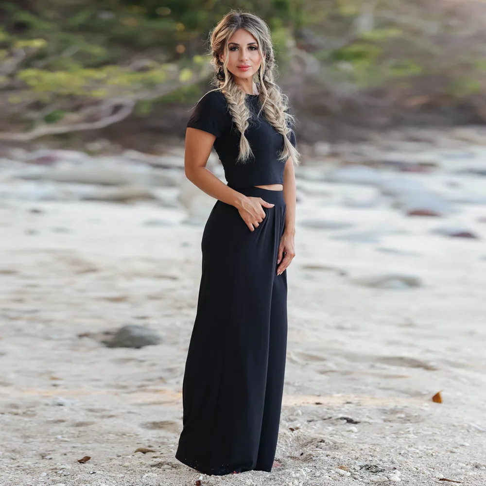 Fashion Women Set 2023 Summer New Set Solid Color Round Neck Short Sleeve T-shirt Elastic Belt Long Pants Two Piece Sports Set