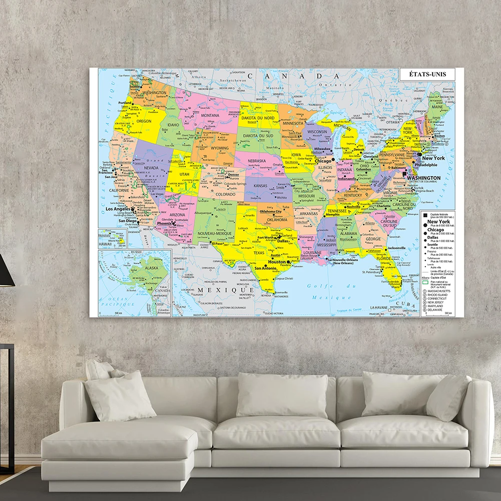 

225*150cm The United State Map In French Large Poster Non-woven Canvas Painting Art Print Living Room Home Decoration