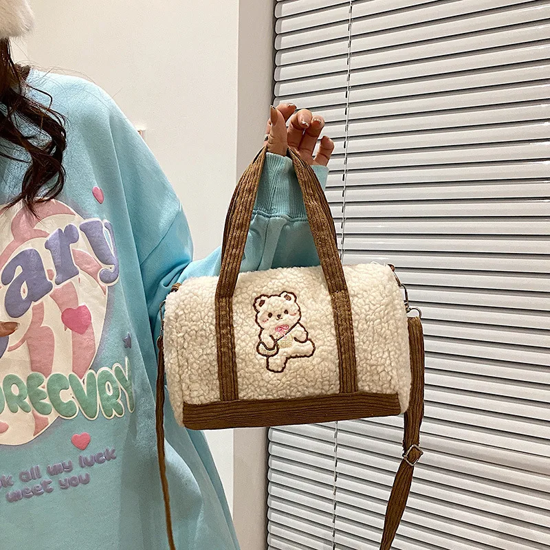 

MBTI Cute Handbag for Women Embroidery Kawaii Bear Lamb Like Fabric Winter Shoulder Bag Youth Ladies Soft Fluffy Crossbody Bags
