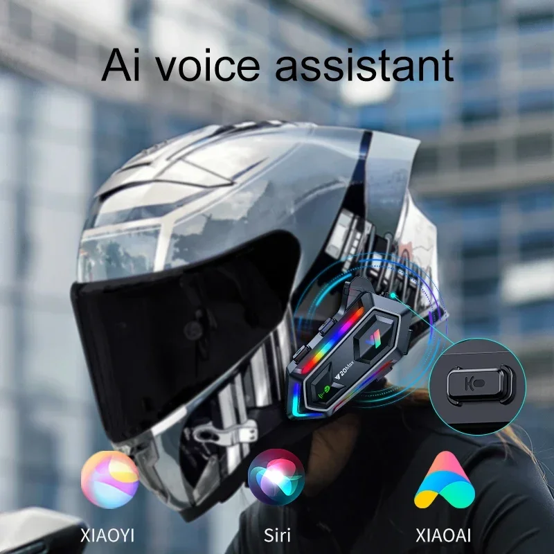 Фото Мотоциклетная Bluetooth-гарнитура Y20 MAX с интеркомом, Bluetooth V5.3, водонепроницаемость IPX6, RGB-подсветка, аккумулятор 1000 мАч №1