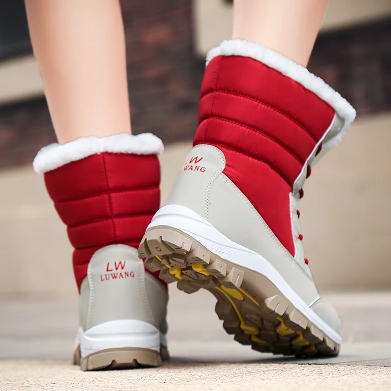 Women Boots Winter Plush Warm Anti-skid Artificial Leather Chunky Shoes Female Walking Footwear Zapatos De Mujer Size 36-42