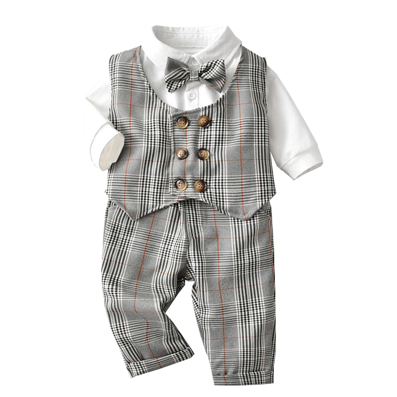

3-24 Months Boys Gentleman Outfits Double Breasted Vest Plaid Pants with White Lapel Romper Infant Anniversary Costume Fall Suit