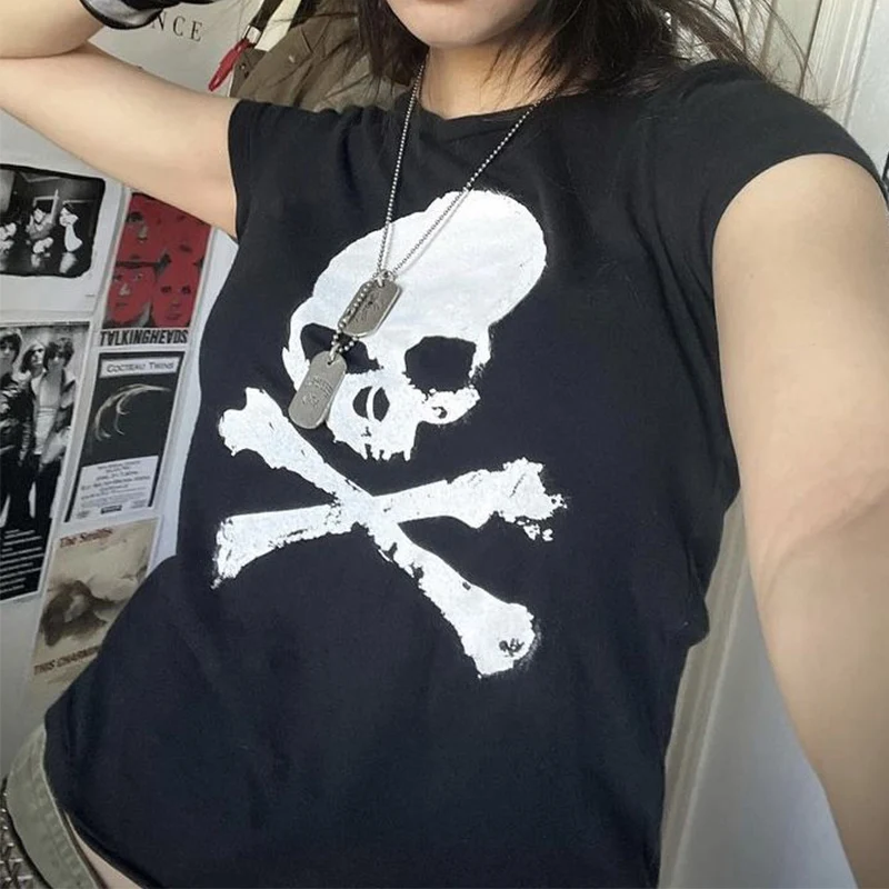 

y2k Crop Top 2022 Vintage Skull Printed Grunge Cropped Tops Women Summer Gothic Short tee Punk Harajuku Style Black Fairy Tees