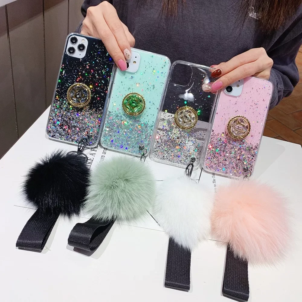 

Glitter Clear Bling Star Case For OPPO Reno 6 5 4 3 2 Ace SE Z K F Lite Pro Plus Wristband hairball Epoxy Cover