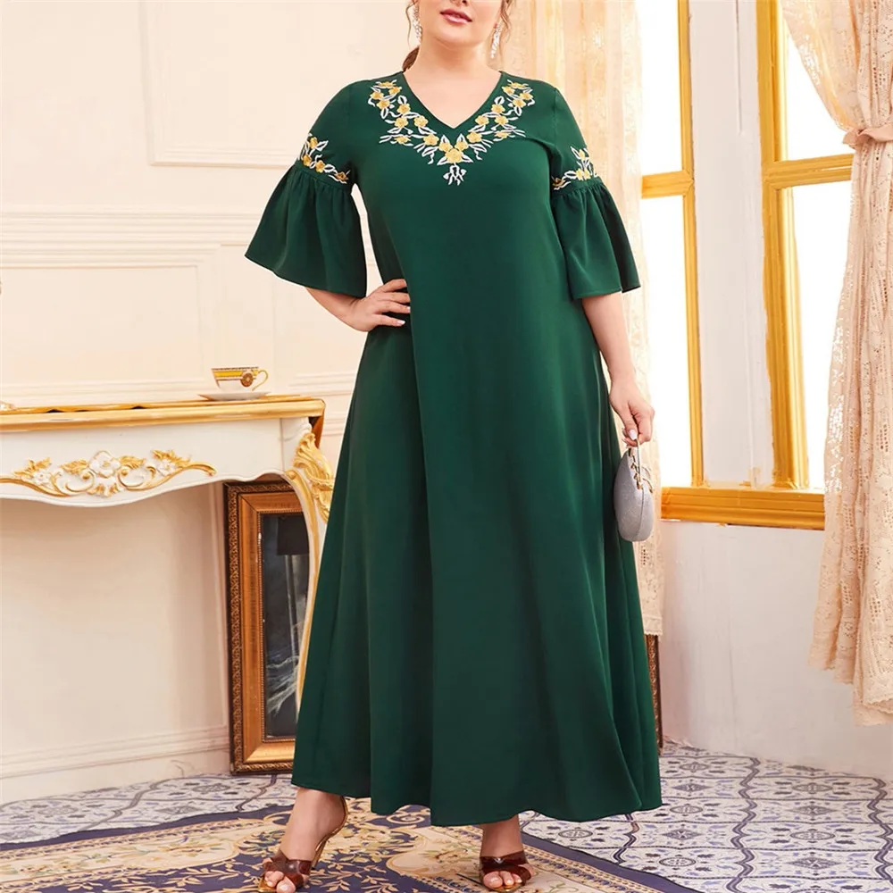 

Women Muslin Dress Fashion Dubai Style Long Sleeve Printing Patchwork V-neck Loose Pullover Spring A-line Dress For Ladies 2022