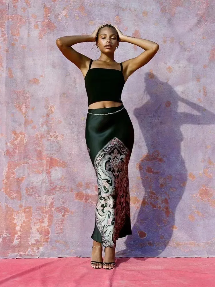 

100% Silk Women Printed Bias cut Fashion Long Skirt