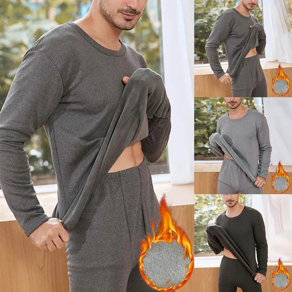 

2Pcs/1Set Mens Winter Thick Tops&pants Keep Warm Thermal Underwear Elastic O-Neck Fleece Lined Thermal Long Johns Warm Underwear