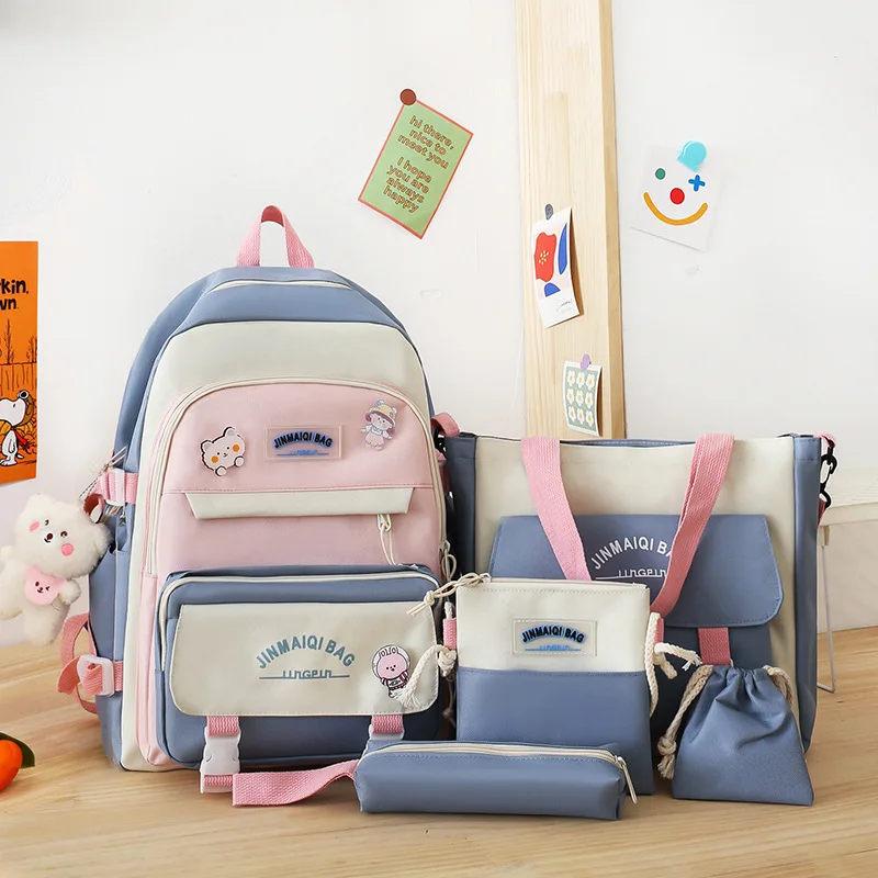 5pcs Set School Bag Girls Multifunctional Student Book Bags Large Capacity Teen Girl Schoolbag Badge Kawaii Backpack Women 2022