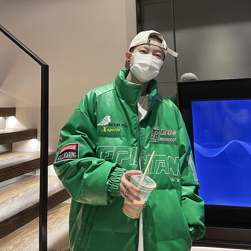 Hip Hop Men Parkas Letter Print Harajuku Bubble Coat Stand Collar Loose Padded Jackets Warm Motorcycle Clothes Racing Suit