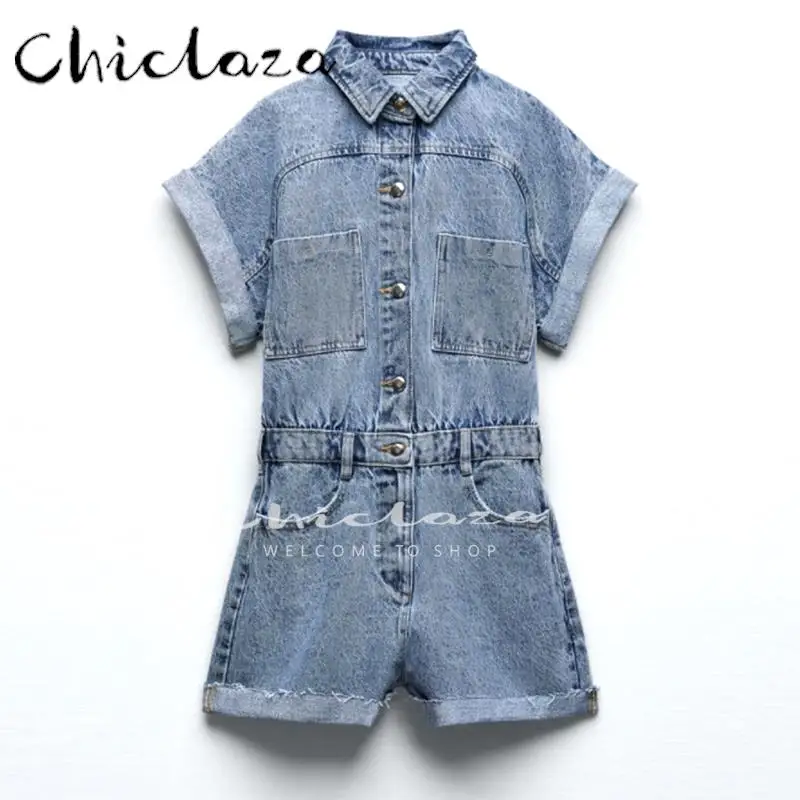 

CHICLAZA Women 2022 Spring Summer Vintage Blue Denim Shorts Rompers Female Casual Pockets Chic Button Jumpsuits Ladies