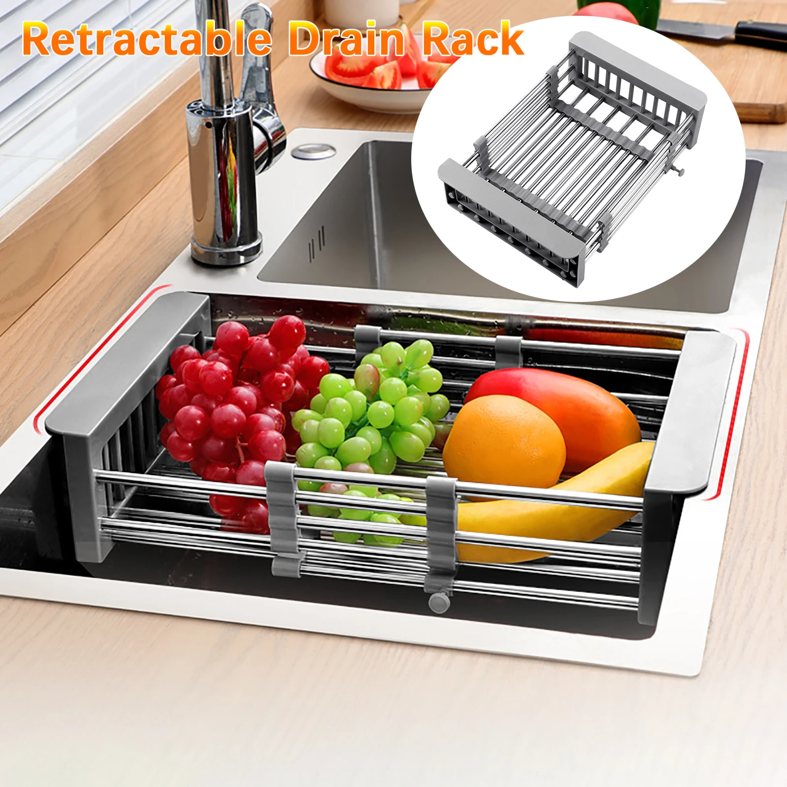 

Kitchen Stainless Steel Retractable Drain Rack Fruit Vegetable Drainer Shelf Kitchen Tableware Dish Drainer Rack Storage Shelves