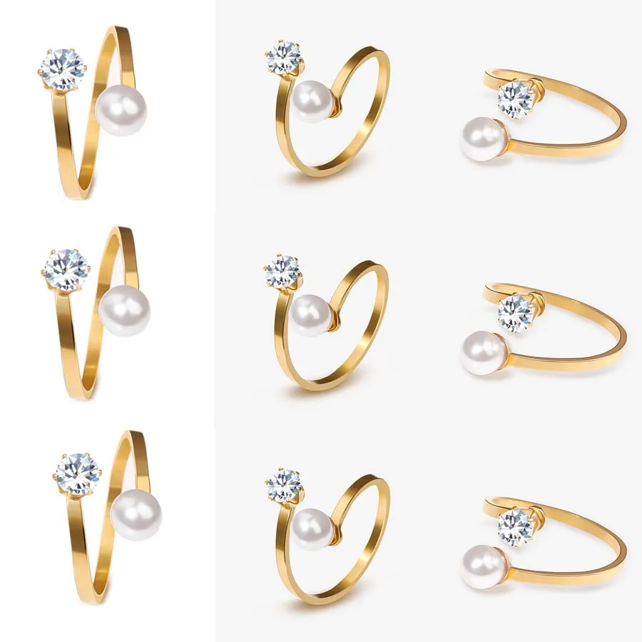 

30pcs Wholesale Lots Pearl Zircon Rings For Women Stainless Steel Ring Gold Color Fashion Jewelry Anillos Mujer