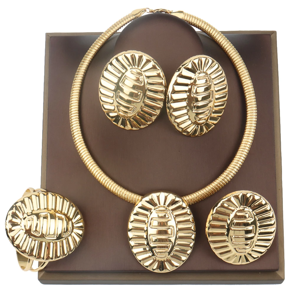 

African Fashion Jewelry Sets Vintage Design Necklace and Earrings Bracelet for Women Weddings Bridal Gold Plated Jewellery Gifts