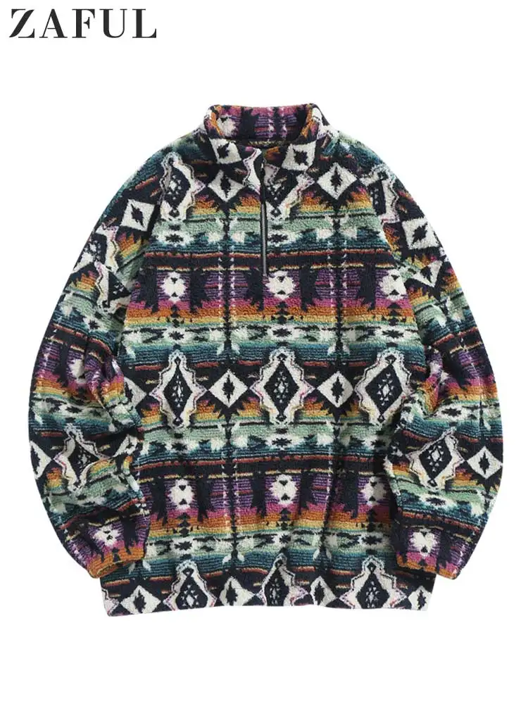 ZAFUL Hoodie for Men Ethnic Aztec Print Fluffy Sweatshirt Zip Up Streetwear Pullover Loose Turtleneck Sweats Unisex Style NEW