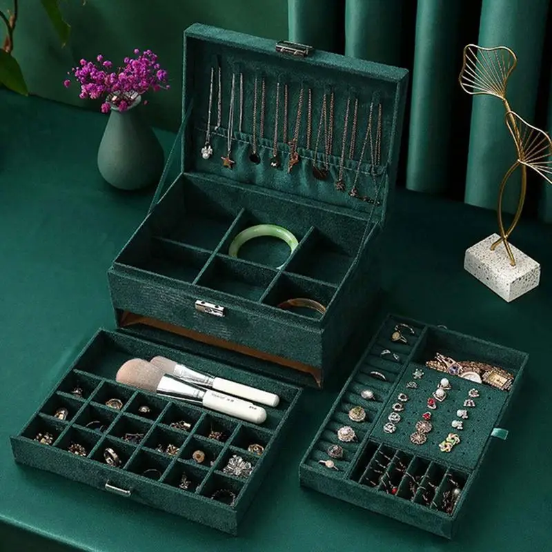 

3-Tier Luxury Velvet Jewelry Box Storage Rings Earrings Display Rectangle Jewelry Organizer Box Portable Jewelry Box Women Gifts