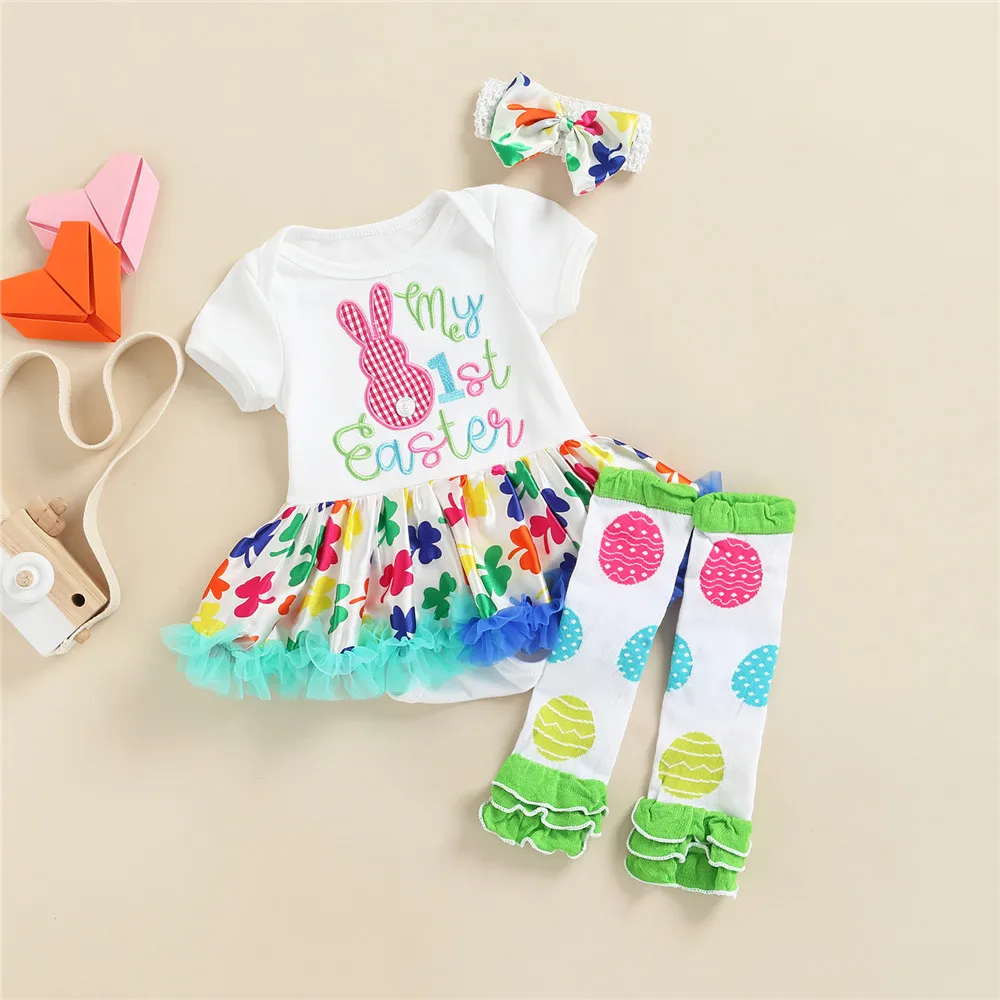 

Baby Girl Easter Clothes Letter Rabbit Print Romper Dress Bodysuit Headband Leg Warmers 0-18M Newborn Toddler Festival Outfits