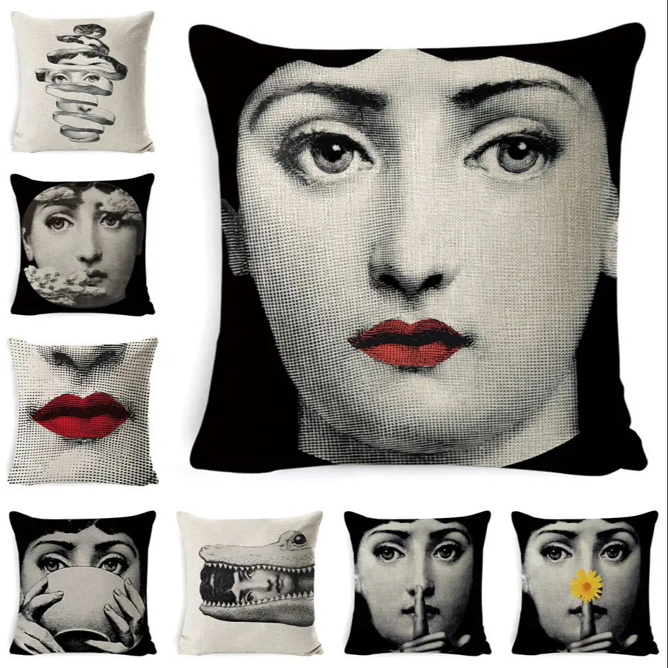 

European Star Vintage Painting Cushion Cover Red Lips Big Eyes Pillow Case Super Star Hepburn Decorative Linen Pillows Covers