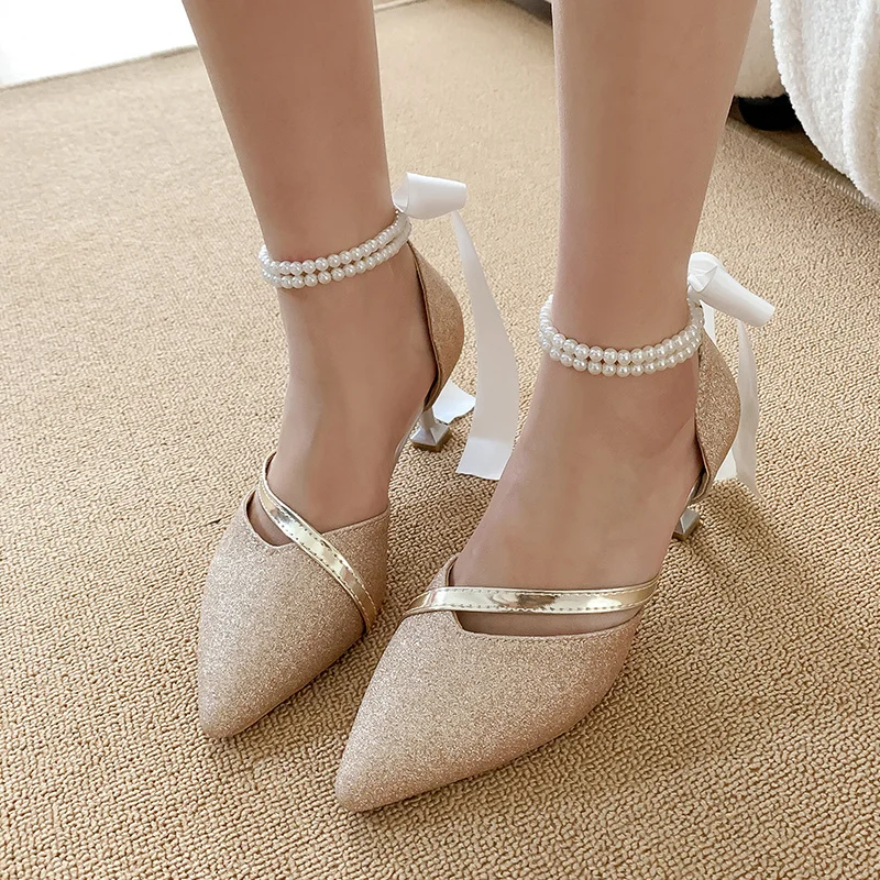 

YQBTDL Bling Glitter Chain String Beads Kitten Heels Sandals Prom Wedding Ribbon Back Bowtie Pumps Summer Sandalias Mujer 2022