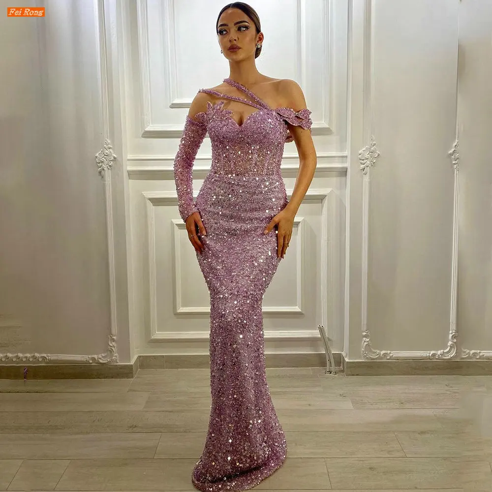 

Fei Rong Purple One Shoulder Sleeve Mermaid Eveing Dresses Beading Sequins Robes De Soirée Women Party Dress Vestidos De Noche
