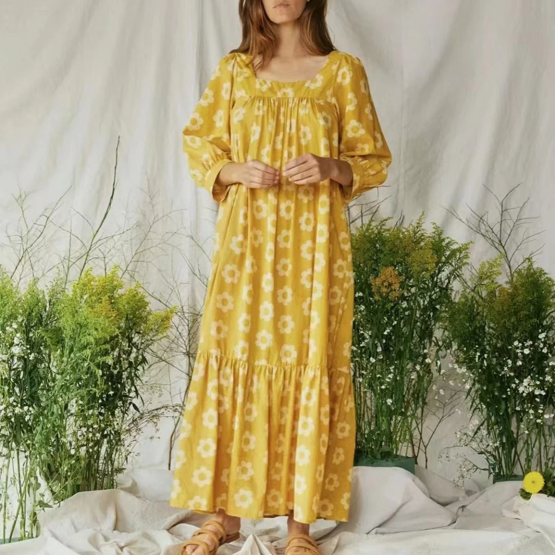 

Yellow Sunflower Print Women Cotton long dress 2023 New Square Collar Organic Lace Up midi dress