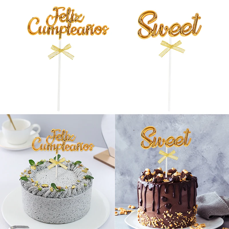 

Spanish Happy Birthday Feliz Cumplieanos Cake Topper Gold letter Cake Topper for Kid Baby Shower Party Cake Decorations