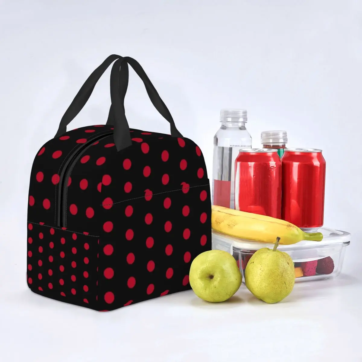 

Black With Red Polka Dot Lunch Bag with Handle Dotted 70S Vintage Food Cooler Bag Fashion Reusable Refrigerator Thermal Bag